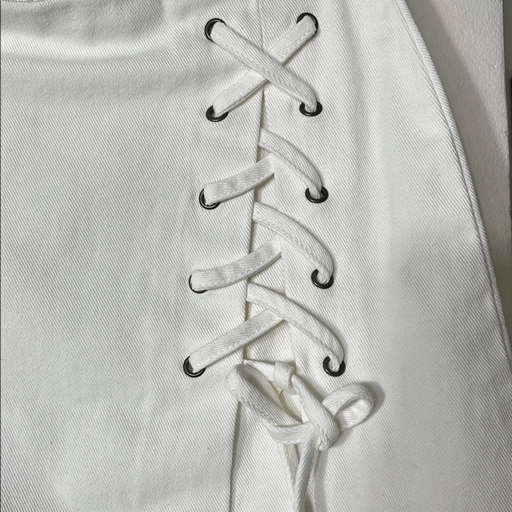 White A-Line Mini Skirt Tie Front Casual - Picture 2 of 9
